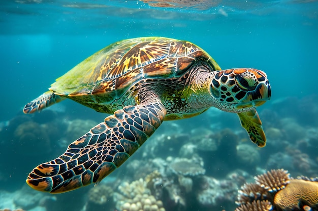 Photo a green sea turtle swims past a coral reef with coral reef and corals