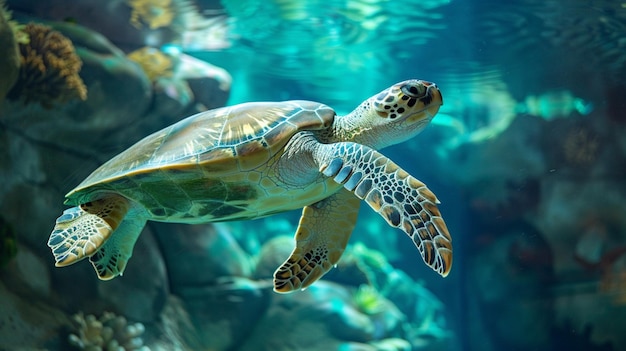 a green sea turtle swims past a coral reef with corals and fish