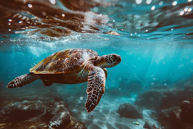 a green sea turtle swims past a rocky reef