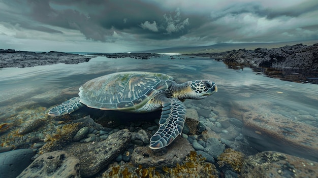 Photo a green sea turtle swims peacefully over rocky terrain surrounded by calm water reflecting a moody sky above