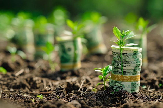 Green seedling growing from dollar bills Concept of financial growth and investment