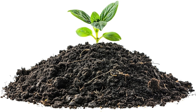 Green seedling growing from pile of soil isolated on white background