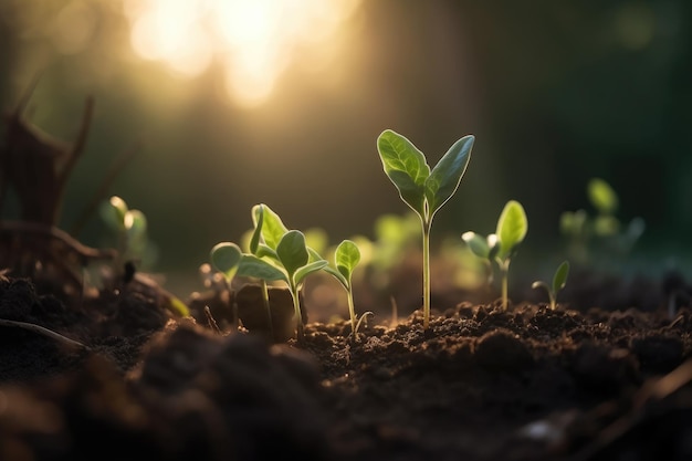 Green seedling illustrating concept of new life in early stage of life developing plant Young plant with a ground backdrop AI Generated