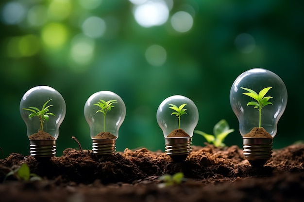 Green seedlings and Earth planet inside light bulb Tree growing inside light bulb