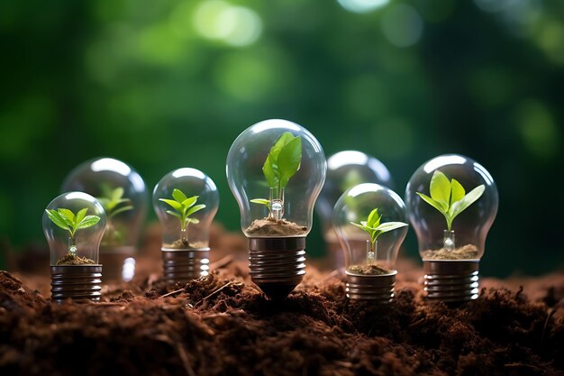 Green seedlings and Earth planet inside light bulb Tree growing inside light bulb