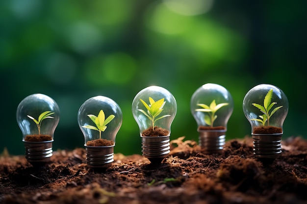 Green seedlings and Earth planet inside light bulb Tree growing inside light bulb