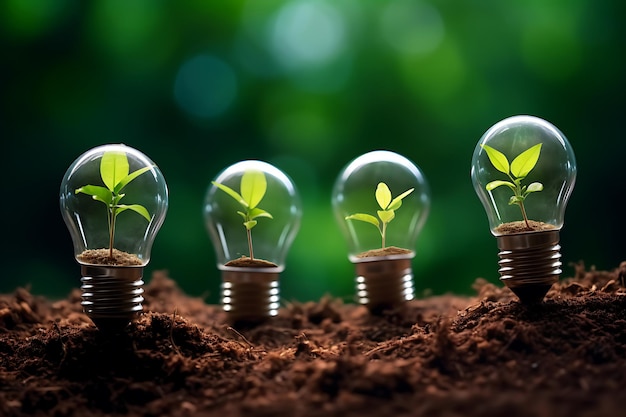 Green seedlings and Earth planet inside light bulb Tree growing inside light bulb