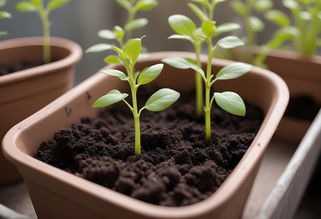 Green seedlings growing with soil and a blurred background