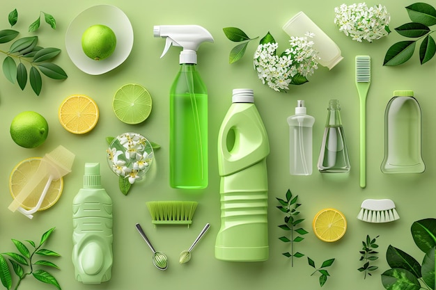 Green set of cleaning products and tools for spring cleaning