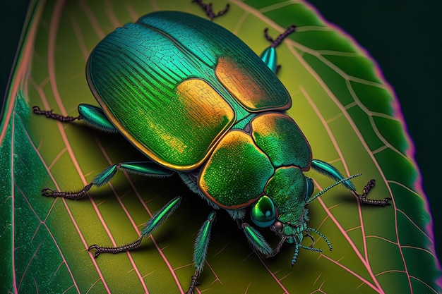 A green shield beetle in close up on a leaf