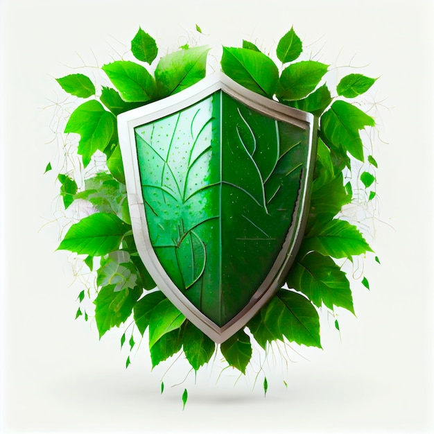 Green shield protects nature and protects the environment, white background