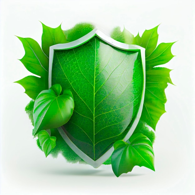 Green shield protects nature and protects the environment, white background