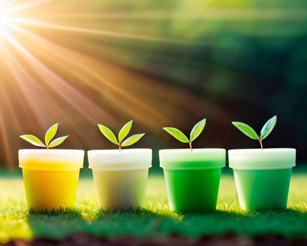 green shoots in pots in the sun