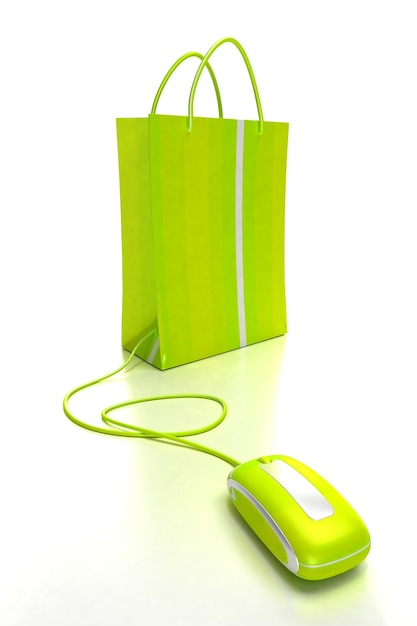 Green shopping bag connected to a computer mouse