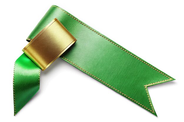 Photo green silk corner ribbon with golden edges and tag wideangle