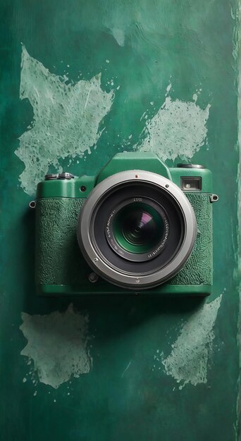 a green and silver camera with a green lens