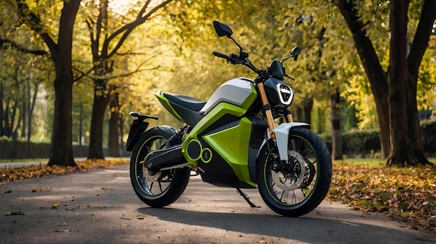 a green and silver motorcycle is parked on a path