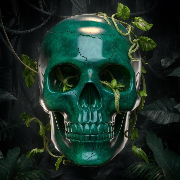 Photo a green skull with a green face and leaves in the background