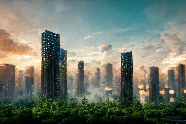 Green skyscraper building with plants in city ecology and green living in downtown urban environment concept