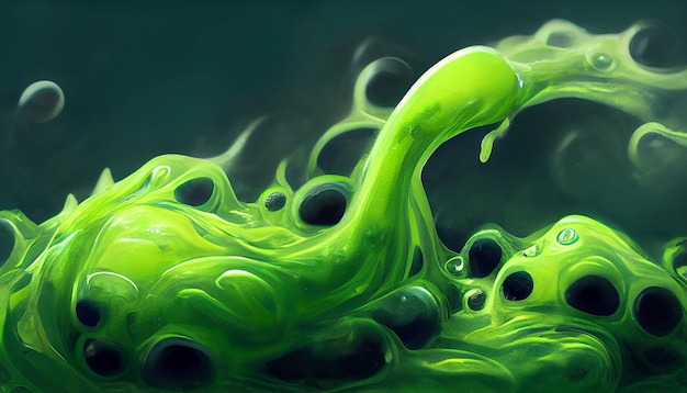 Green slime with bubbles boils and steams on a dark green background