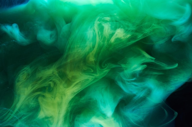 Green smoke on black ink background, colorful fog, abstract swirling emerald ocean sea, acrylic paint pigment underwater