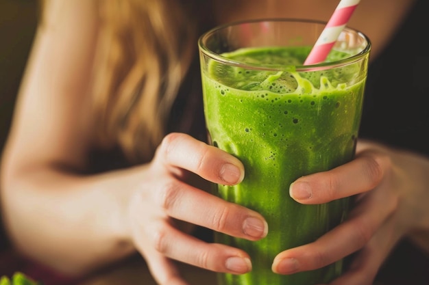 Green smoothie in a glass held by woman