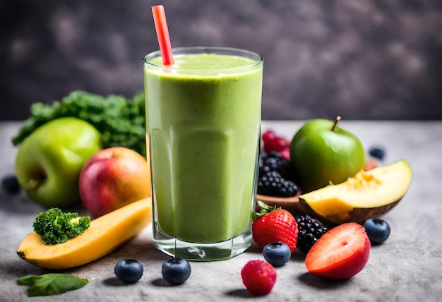 a green smoothie is on a table with fruits and vegetables