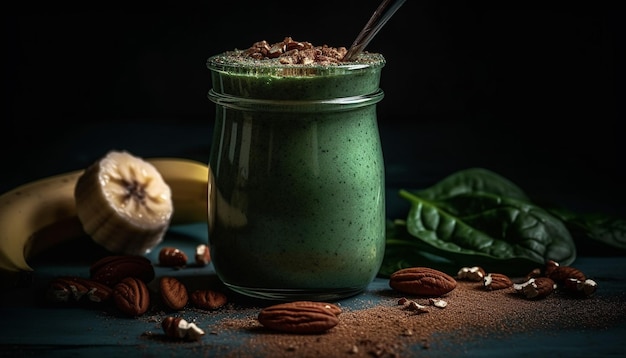 A green smoothie with almonds and almonds on the side