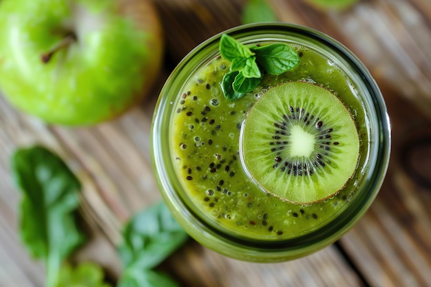 Photo green smoothie with apple kiwi and spinach in a glass jar on a wooden