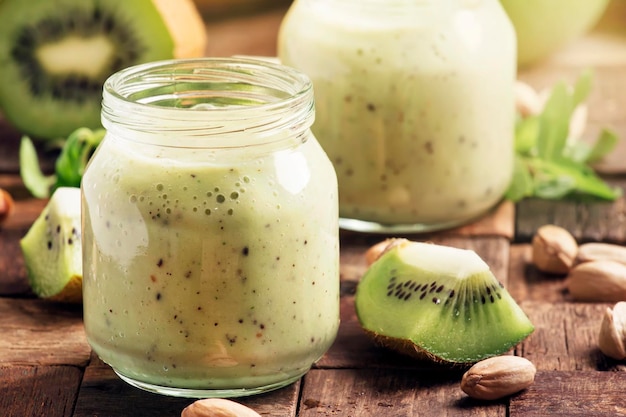 Green Smoothie with banana kiwi fruit and pistachio old wooden background selective focus