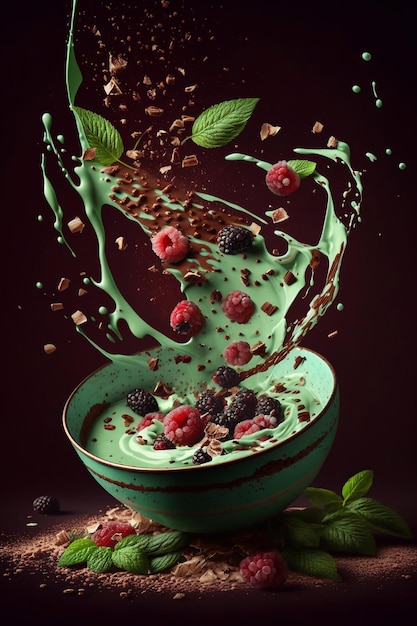 A green smoothie with berries and granola sprinkled on top.