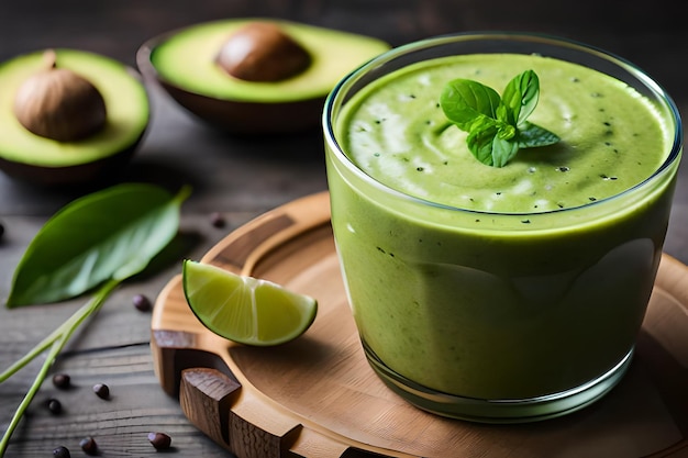 a green smoothie with a slice of lime on the side.