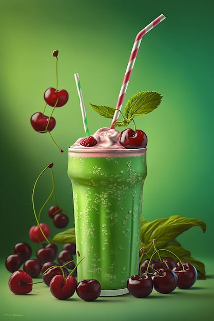 A green smoothie with a straw and a red and white striped straw.