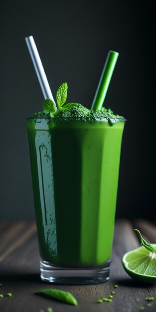 A green smoothie with straws and a green drink