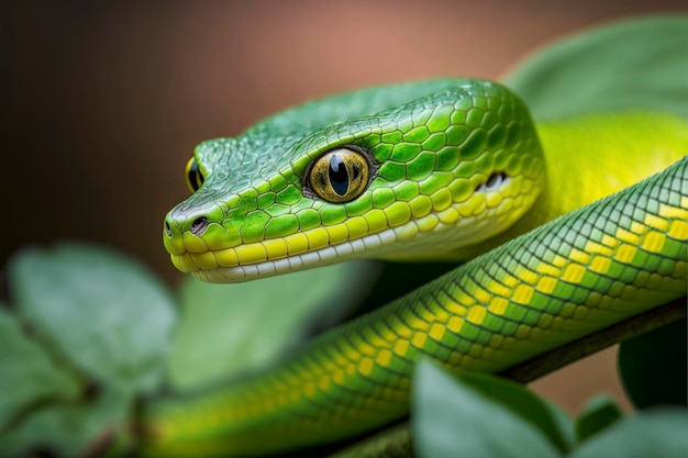 Green snake on a branch Created with generative Ai technology