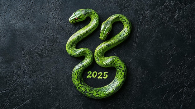 Photo green snake coiled around 2025 text on a dark surface