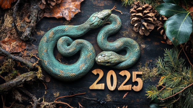 Photo green snake coiled around 2025 text surrounded by natural elements