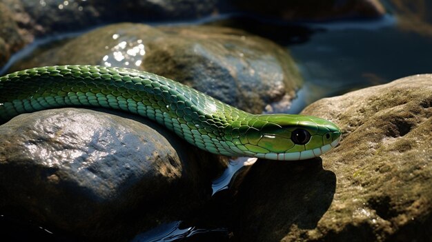 Photo a green snake is on a rock with water