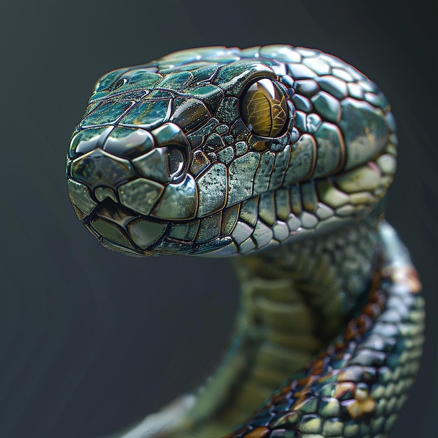 a green snake with a blue and green head is shown