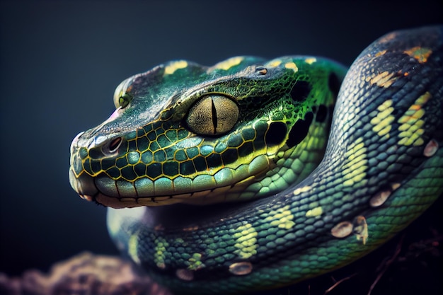 A green snake with a blue and yellow head