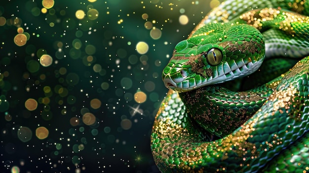 a green snake with gold glitter on its head