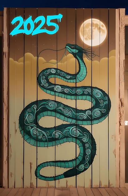 a green snake with the number 2025 on it is painted on a wooden door