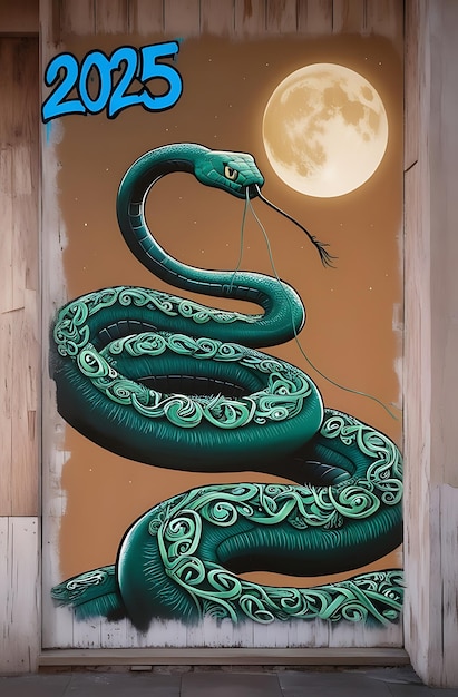 Photo a green snake with the number 2025 on it is painted on a wooden door