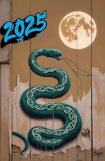 a green snake with the number 2025 on it is painted on a wooden door