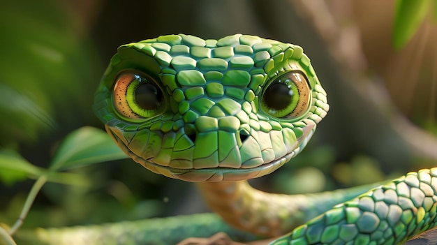 a green snake with a yellow eye and brown eyes