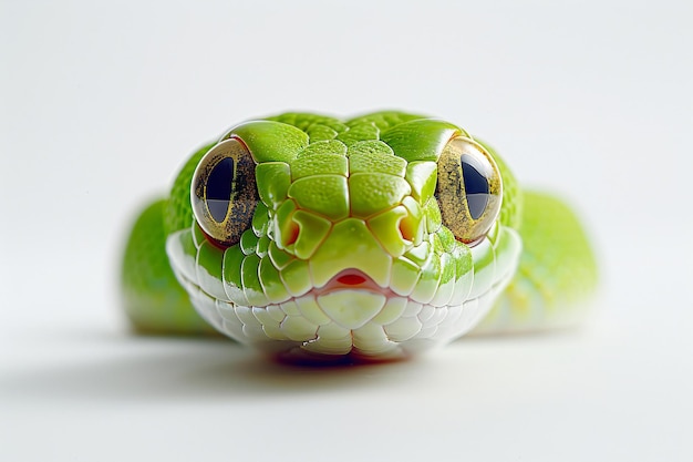 a green snake with a yellow eye and a red dot on its head