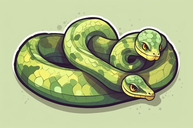 A green snake with yellow eyes and a green pattern on the front.