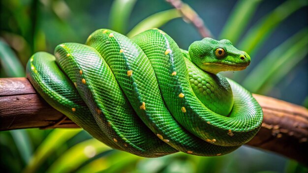 a green snake with yellow spots is hanging on a branch