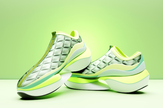 Green sneakers on the sole The concept of bright fashionable sneakers 3D rendering