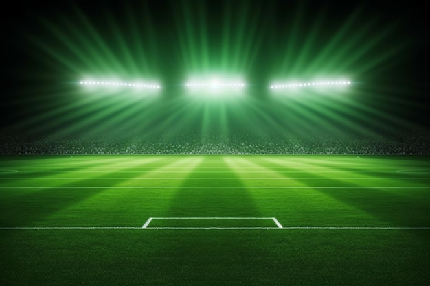 Green soccer field bright spotlights